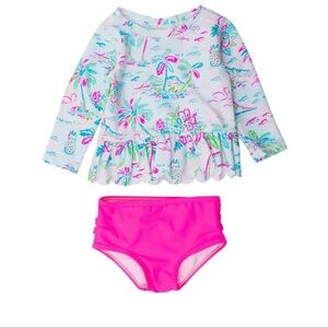 Tropical Resort Scallop Hem Long Sleeve Rash Guard Bikini - 7